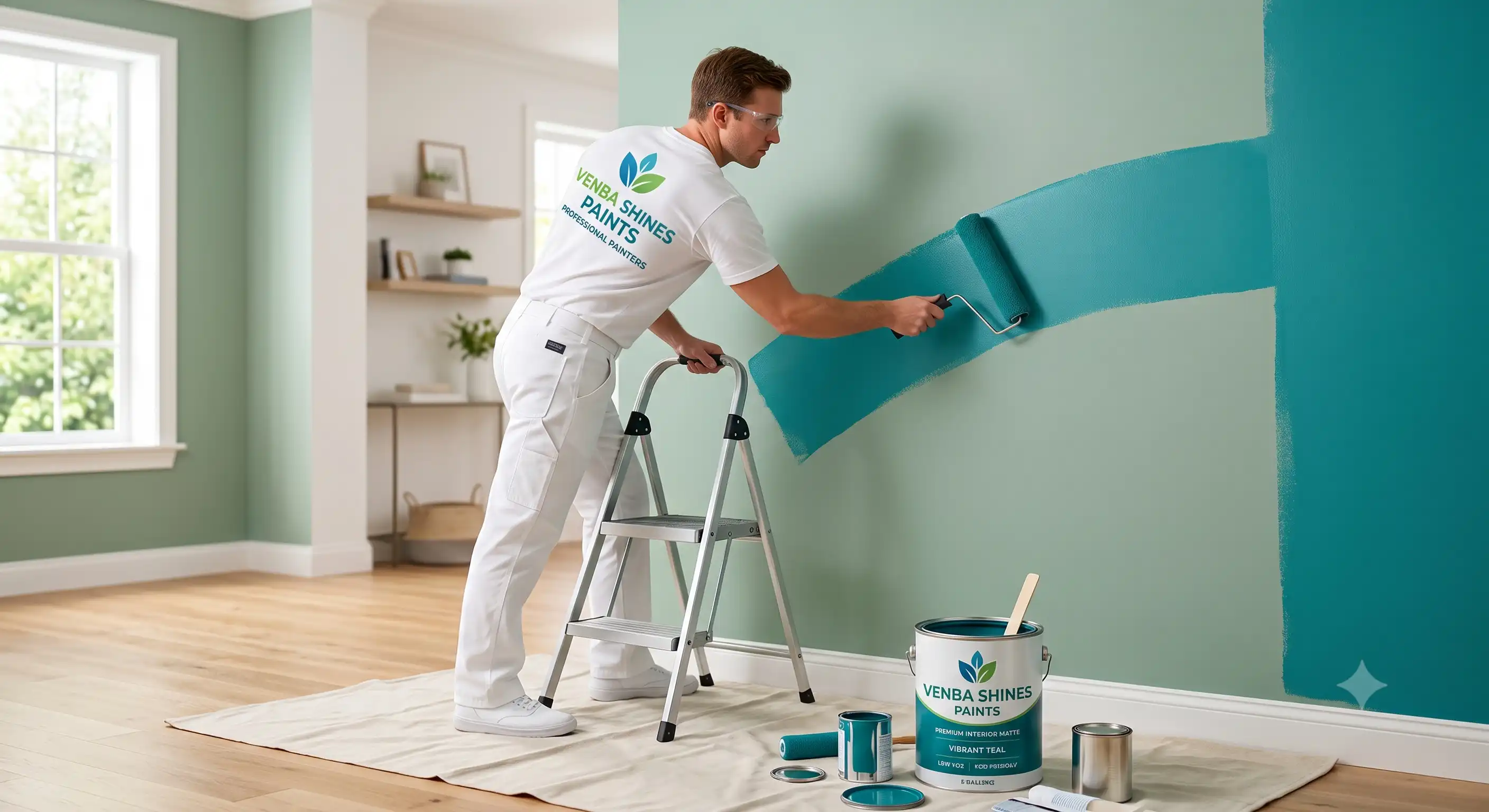 Person painting house wall with roller and paint bucket