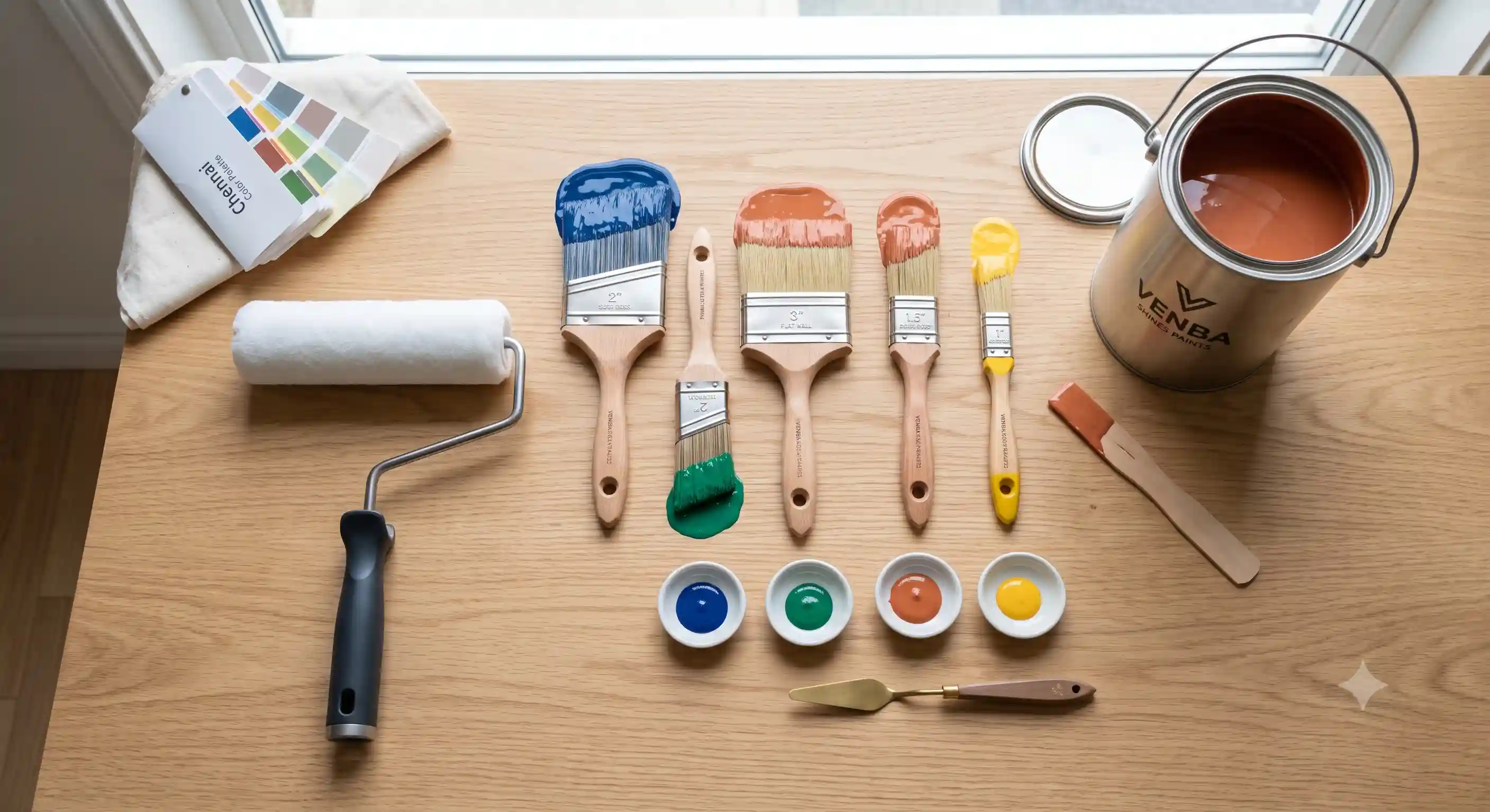 Painting tools bucket with roller and brushes for house painting